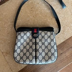 Authentic Vintage Gucci Web Monogram Canvas Navy Leather Crossbody Bag